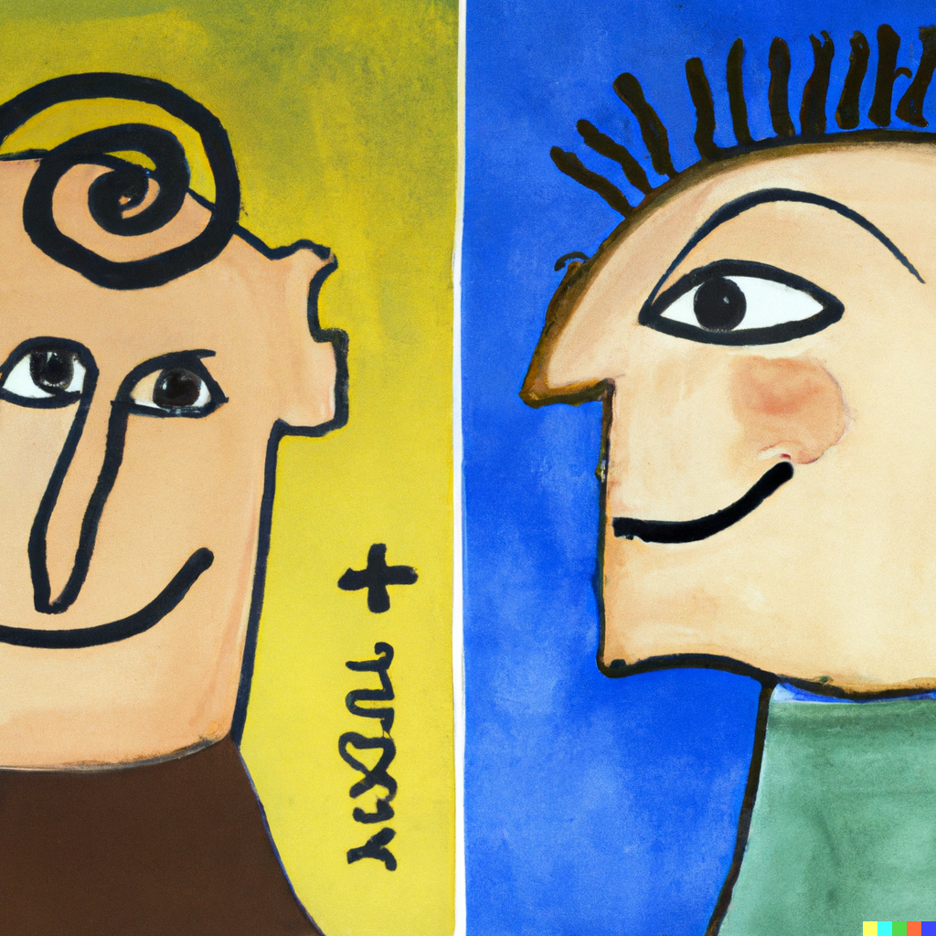 DALL·E 2023 03 24 11.02.45 Panting in Picasso style examplifying positive versus negative thinking. Two persons one is a positive thinki